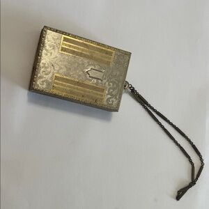 Vintage Gold & Silver Tone Engraved Compact or Minaudière with Chain